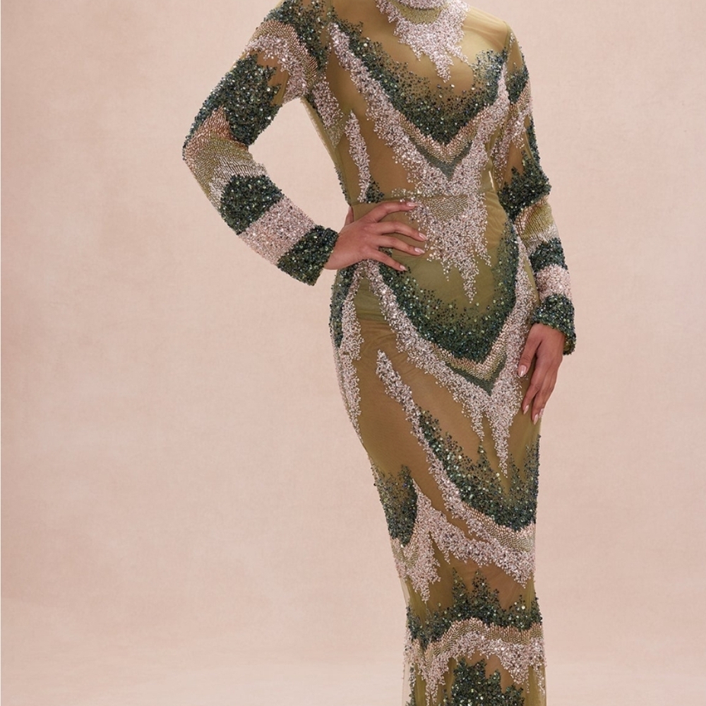 Fashion Nova Green and Gold Long Sleeve Dress